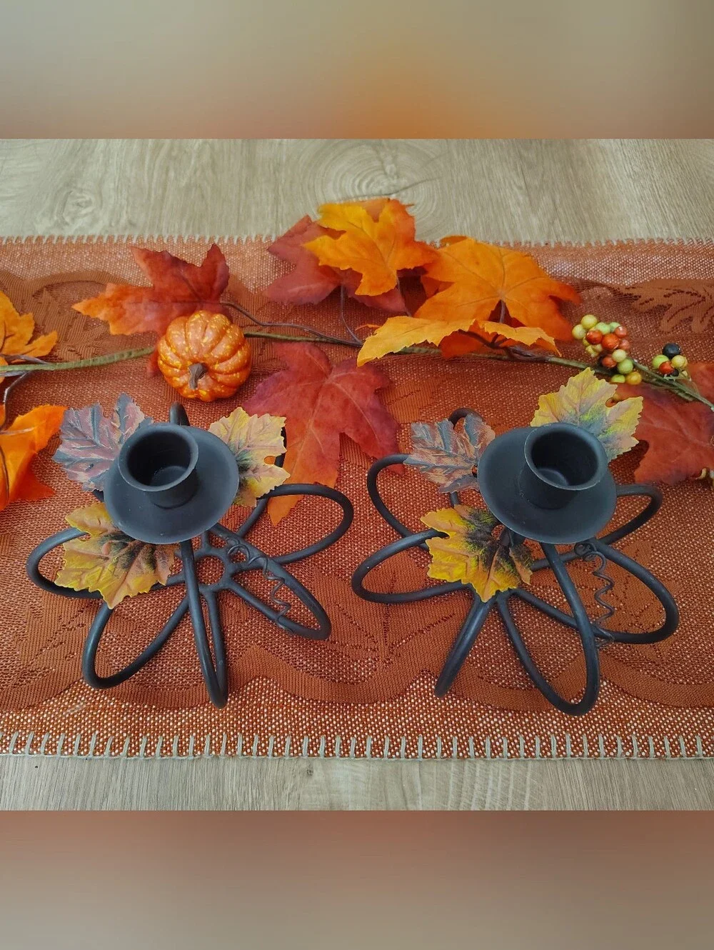 Pumpkin Metal Candle Holders with Autumn Leaf Accents- Set of 2